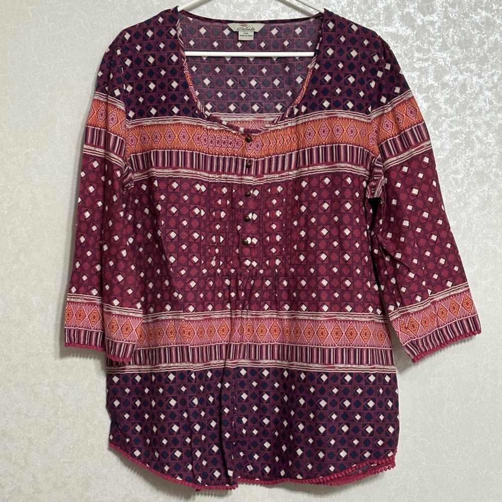 Bob Timberlake Geometric Print Cotton Blouse Boho Pom Pom Trim Burgundy Boho XXL